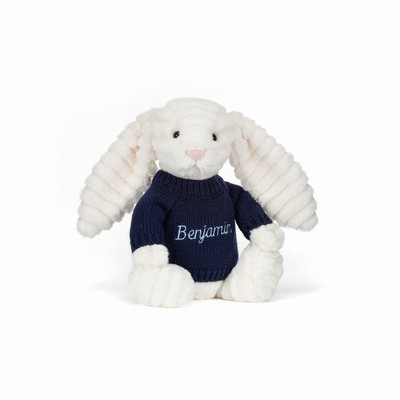 Jellycat Bashful Luxe Bunny Nimbus with Navy Jumper New Zealand | RCEIG3486